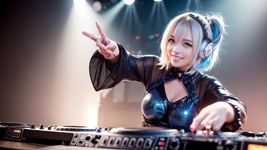 (ultra - detailed, 16K resolution, Cinema lenses, rendering by octane), (high resolution:1.18), intricate detail, (masterpiece:1.1), (highest quality:1.1), (1girl, portrait, white hair, blue eyes, short hair, detailed eyes),Wearing silver DJ headphones, Shiny silver sequined T-shirt, (Iconic hip-hop pop costumes:1.3), Smile while DJing on stage, full body shot of, The spotlight shines on the female DJ. Photorealistic photography by Disco Lighting, (cute round face:1.3), perfect fingers, five fingers, beautiful hands, perfect hands. master peace, cute smile.