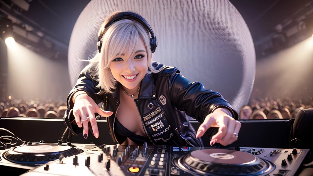 (ultra - detailed, 16K resolution, Cinema lenses, rendering by octane), (high resolution:1.18), intricate detail, (masterpiece:1.1), (highest quality:1.1), (1girl, portrait, white hair, blue eyes, short hair, detailed eyes),Wearing silver DJ headphones, Shiny silver sequined T-shirt, (Iconic hip-hop pop costumes:1.3), Smile while DJing on stage, full body shot of, The spotlight shines on the female DJ. Photorealistic photography by Disco Lighting, (cute round face:1.3), perfect fingers, five fingers, beautiful hands, perfect hands. master peace, cute smile.