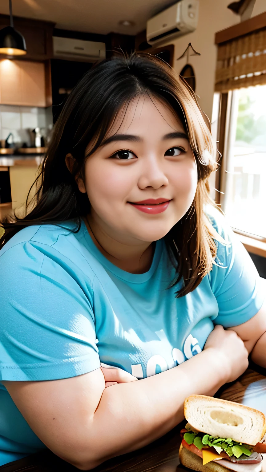 Fat Woman, Obese, Big Size, Round face, Double chin, Overweight,Shoulder-length fluffy hair , Having a sandwich,Looking at the camera,smile、