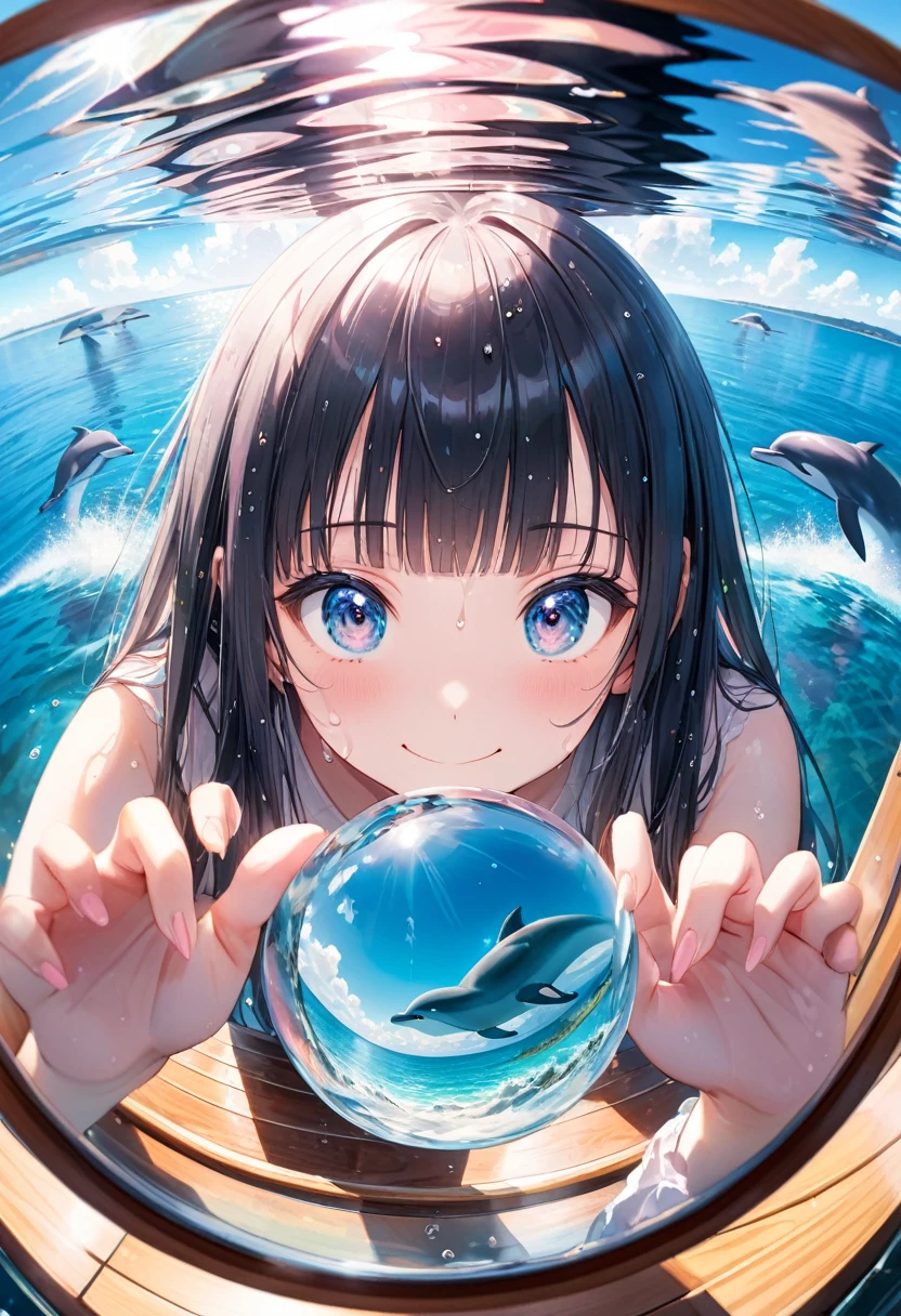 Double exposure, Fisheye Lens, RAW Photos:1.2, masterpiece, Highest quality, 16K, Unbelievably absurd, Very detailed, Perfect beauty, Photographing beautiful dolphins from the water,On the boat,1 girl,deck, Silver long straight hair, Blunt bangs, Long sideburns, Wet Hair, Vibrant colors, Ultra-realism:1.2, Middle chest, Blue sky and rainbow, View your viewers, A peek inside the bubble, Girl looks up, Secret Pose, A shy smile, Mirror Effect:1.2,