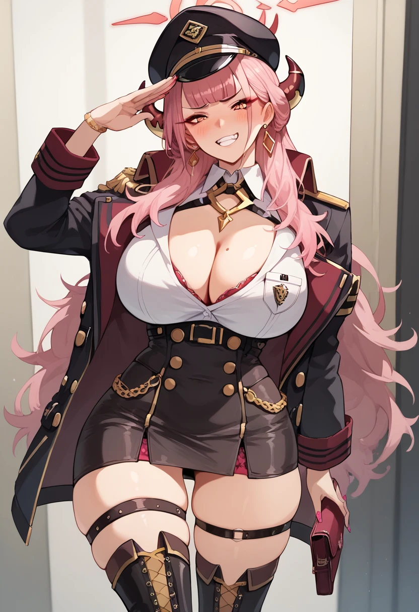 Score_9, score_8_up, score_7_up, score_6_up, source_anime, gyaru, slutty_clothes, expressiveh, aru_\(blue_archive\), pink hair, horns, halo, blunt bangs, long hair, embarrassed, salute, gold earrings, large breasts, cleavage, jewelry, military cap, military uniform, epaulette, jacket, harness, thigh strap, black thigh boots, layered skirt, miniskirt, smirk, dark theme, dark persona, skindentation, wide hips