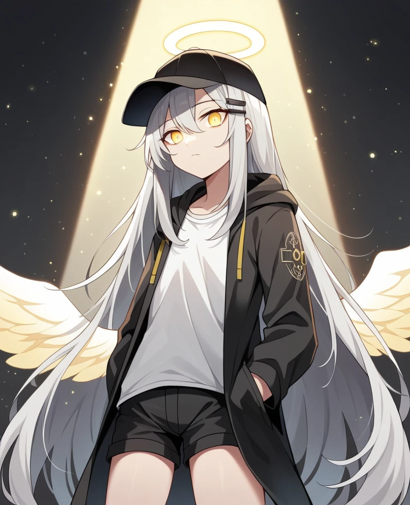 Depth of written boundary, Movie angle, masterpiece, Highest quality, Very detailed, CG, 8k wallpaper, Pretty face, Delicate eyes, alone, 白いLong Hair, Yellow Eyes, hairpin, White shirt, black hooded jacket, Black shorts,Black baseball cap, Black Stockings, Black knee-high boots,Shady back alley,Narrow Passage,NSFW,(masterpiece, Highest quality:1.3), (Super detailed:1.3), One girl, alone, (Gray Hair, Messy Hair, Long Hair), (Angel Wings, Angel Halo), Flat Chest, Yellow Eyes,Expressionless, (((Glowing light particles))), (Put your arms behind your back),Character portrait,Leaning against a wall,Hand pockets