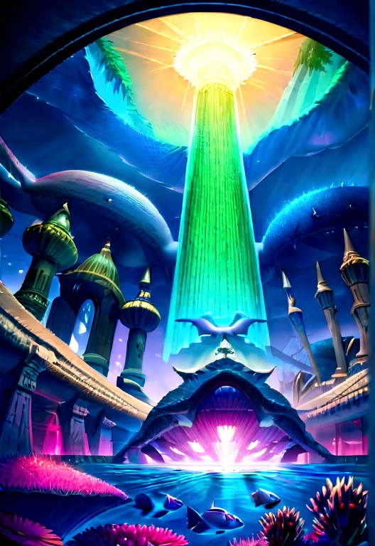 A painting depicting a fantasy world beyond dimensions,Undersea World,Atlantis,sf,Upright,Studio Ghibli,Unreal Engine,A magnificent composition,CG digital rendering,Ultra HD,Highly detailed technology,3 color matching