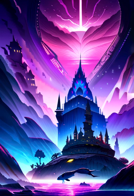 A painting depicting a fantasy world beyond dimensions,Undersea World,Atlantis,sf,Upright,Studio Ghibli,Unreal Engine,A magnificent composition,CG digital rendering,Ultra HD,Highly detailed technology,3 color matching
