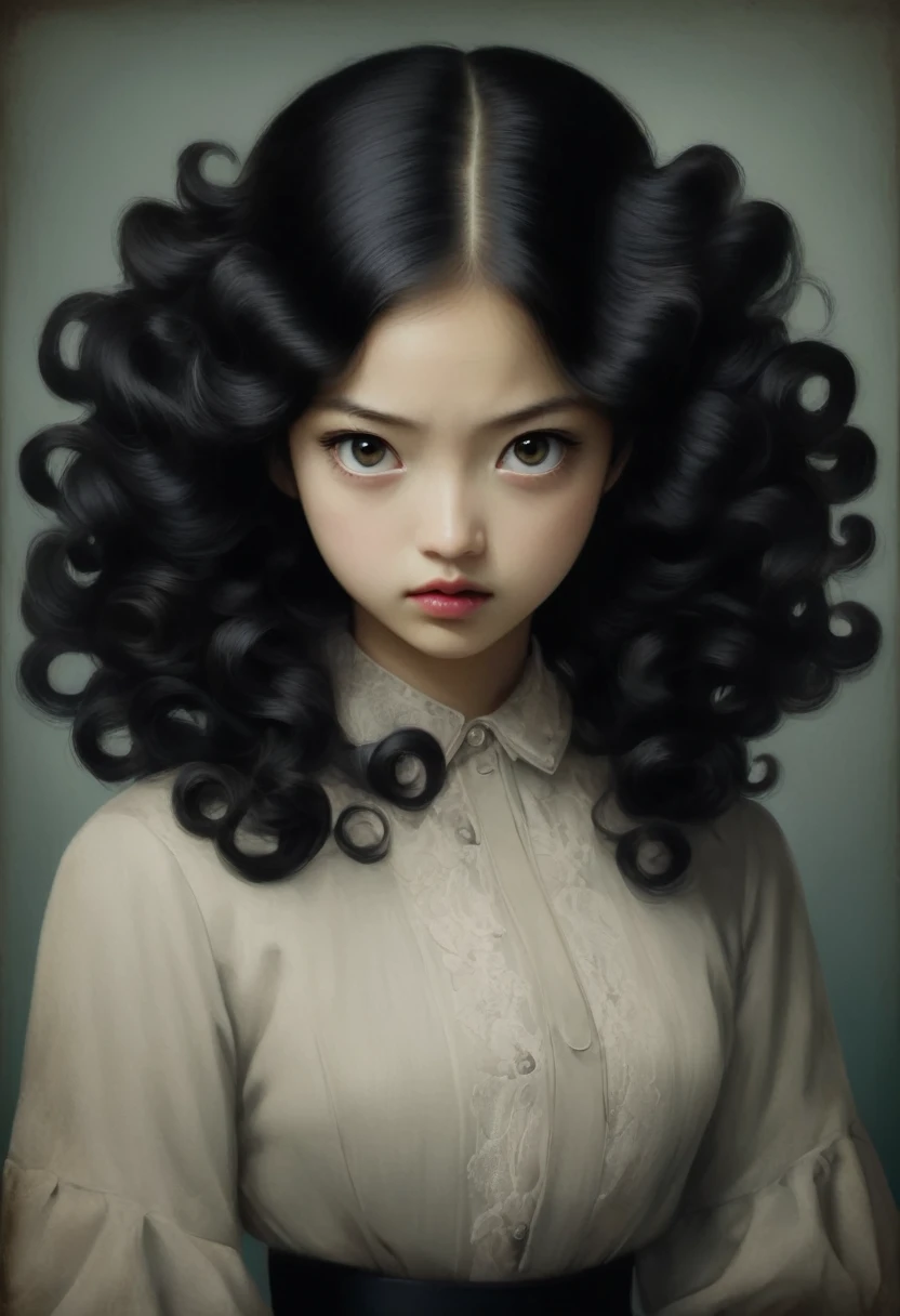 A cute and beautiful girl，long, brown hair，chinos，serious expression，MYSTERY，Junji Ito&#39;s style，forehead，vintage portrait，pastel colors
