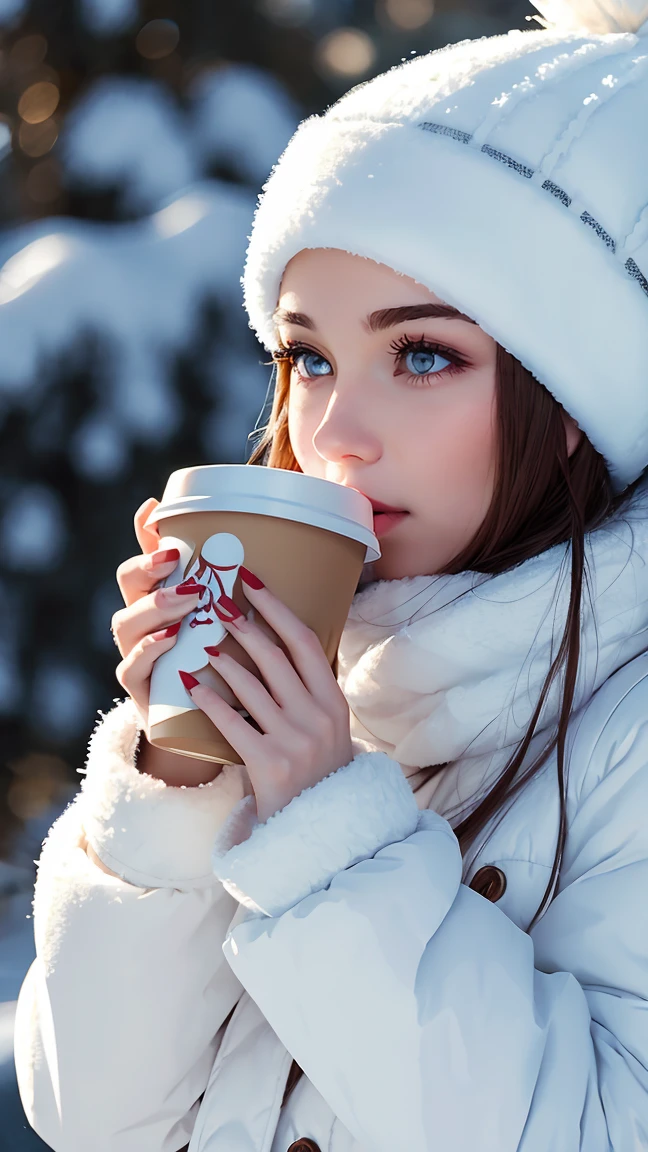 A snow woman dressed in warm clothing drinking coffee, highest image quality