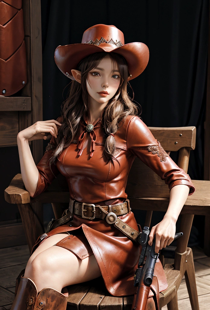 cowboy woman sitting on a chair with a red leather cowboy hat with elf-type ears, realistic anime style, with a cowboy gun in her hands, full body cowboy heels