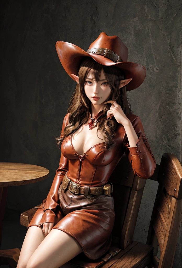 cowboy woman sitting on a chair with a red leather cowboy hat with elf-type ears, realistic anime style, with a cowboy gun in her hands, full body cowboy heels