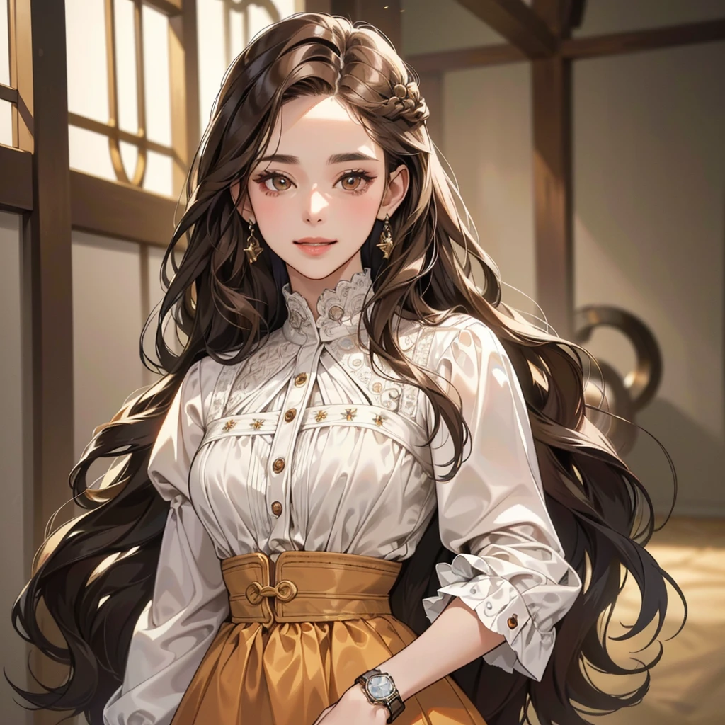(masterpiece, best quality, ultra-detailed, highres, 4k),(beautiful detailed eyes),(very detailed face),(1girl),HDR,long hair, cute, brown eyes, brown hair, cellphone, watch, lips, solo focus, nail polish, blurry background, smile, wristwatch, realistic, blurry, looking at viewer