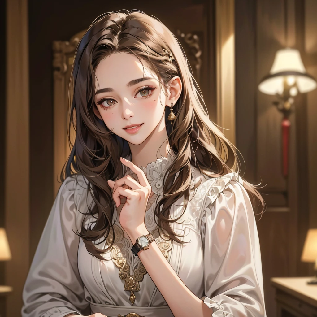 (masterpiece, best quality, ultra-detailed, highres, 4k),(beautiful detailed eyes),(very detailed face),(1girl),HDR,long hair, cute, brown eyes, brown hair, cellphone, watch, lips, solo focus, nail polish, blurry background, smile, wristwatch, realistic, blurry, looking at viewer