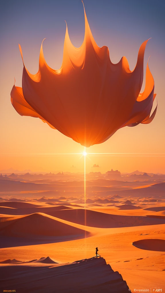 (beautiful floating ethereal faces, surreal desert landscape, glowing orange-blue sky, magical wind-formed translucent streaks, mysterious shimmering distant shapes, outline of a forgotten city, dreamlike, photorealistic, ultra-detailed, 8k, masterpiece)