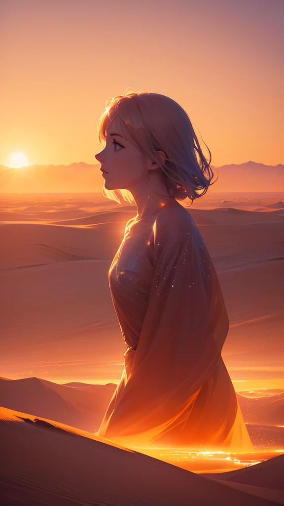 (beautiful floating ethereal faces, surreal desert landscape, glowing orange-blue sky, magical wind-formed translucent streaks, mysterious shimmering distant shapes, outline of a forgotten city, dreamlike, photorealistic, ultra-detailed, 8k, masterpiece)