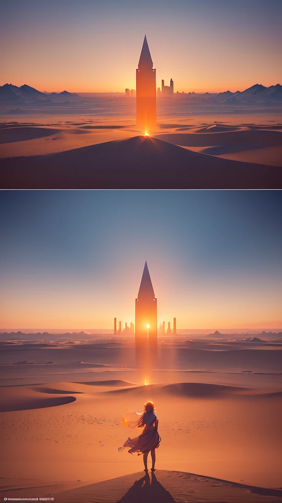 (beautiful floating ethereal faces, surreal desert landscape, glowing orange-blue sky, magical wind-formed translucent streaks, mysterious shimmering distant shapes, outline of a forgotten city, dreamlike, photorealistic, ultra-detailed, 8k, masterpiece)