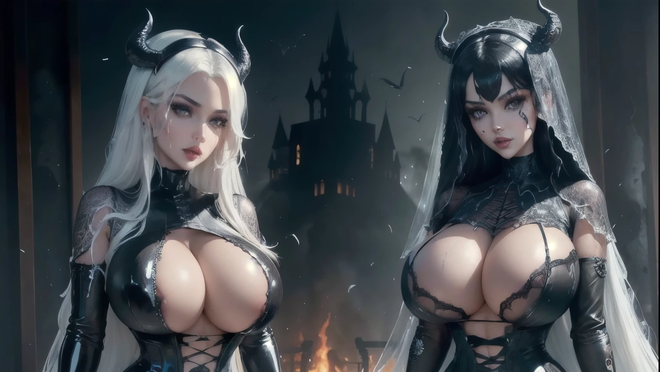 ((best quality)), ((masterpiece)), (detailed), perfect faces, (((Big tits))), ((((sharp image)))), two hot young busty girls, black lava outfit, stocking, (((beautyful faces))), (( long length hair)), ((detailed eyes)), lightning in the background, ((dark castle in the background, ((lace thigh fix), (((the clothes melt off her))), (((black paint splattered on it))), (flying dragon in a background), black damaged corsets, ((clothes were torn in several places))), latex lingerie, (nun costumes), venom, black dark venom, ((black lacy brassiere)), perfect detailed , (detailed eyes), ((photographed from front)) latex, erotic pose, boobies , long white hair, detailed eyes, good anatomys, big boobies, (((two person))), boobies on focus