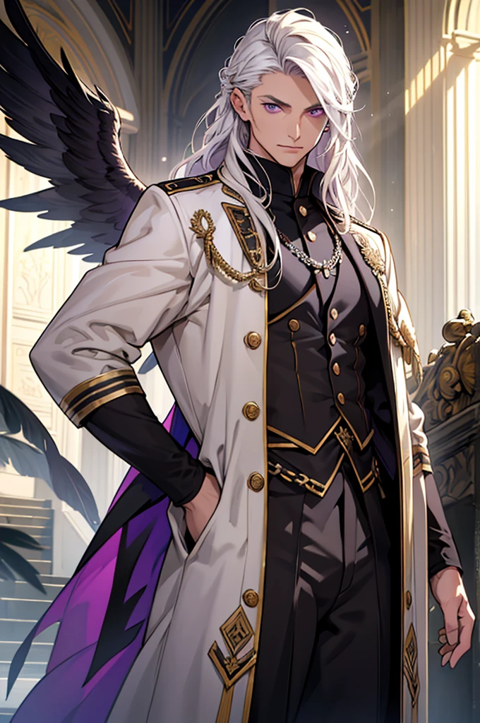 1 person, adult, ((young male)), Long wavy platinum hair, high, youthful, tan skin tone, Rothes Haar, purple eyes, black feather wings, Rafe, philosopher, Ernst, Exquisite clothing, military style clothing, difficult, Tiefenfeld, Dynamic light source, (Best quality), (masterpiece)
