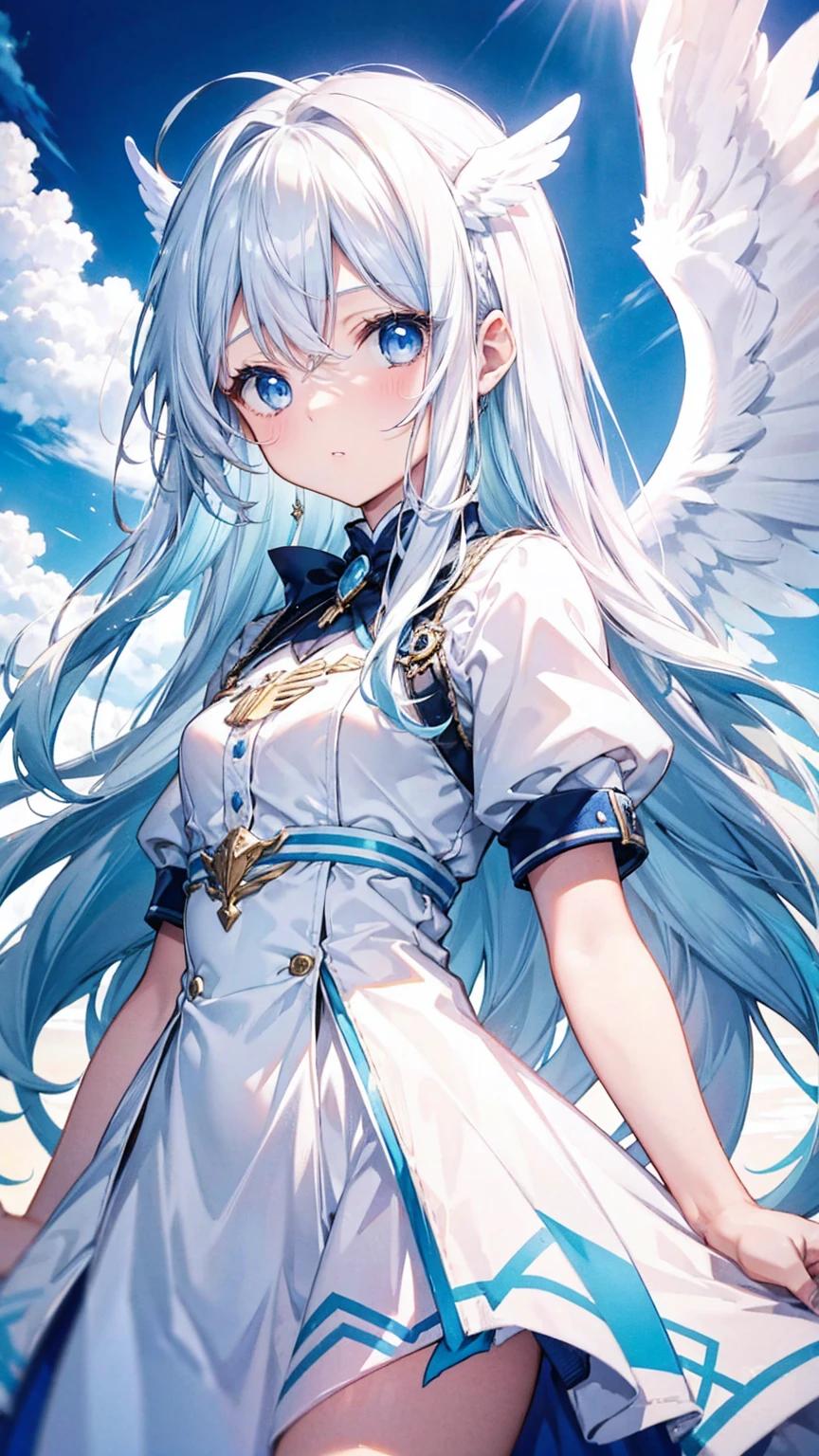 A pretty girl with long white hair and blue eyes、16 years old、Surprised、comical、White dress、Angel wings on the back