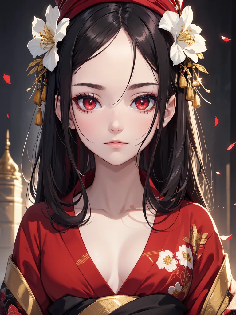 (8K, Best Quality, Masterpiece, Ultra High Resolution) 1 Girl, Woman, Beautiful Eyes, Face Details, Long Black Hair, Red Eyes, Pale Skin, Kimono, Red Kimono with White Flower Pattern, Gold Details, Dark Castle, Royalty Best Quality, Upper Body, Looking at the Viewer, Facing Viewer, Close Up