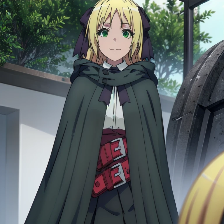 Solo, 1girl, esther rosenthal, smile, long hair, blonde hair, (green eyes:1.5), mole, mole under eye, black ribbon, black bow, hair ribbon, skirt, hooded cloak, cape, best quality, forest