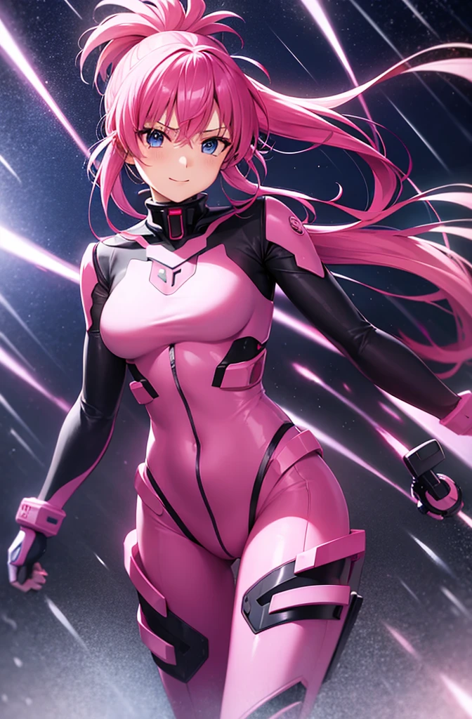 (Cowboy Shot), Saigusa Haruka, Pink Hair, ponytail, Side details, Open Mouth Smile, Evil Face, Expressionless face, anime character in a futuristic suit standing in city, (rain), (city), Bodysuits, neon Bodysuits, Secret spy, Girl wearing mecha cyber armor, Neon Genesis Evangelion Style, (Manga Style), Old Manga, Sci-fi anime, modern mecha anime,