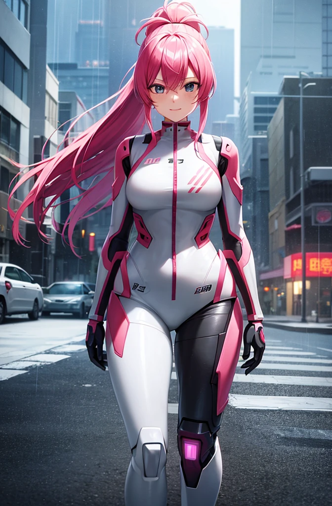 (Cowboy Shot), Saigusa Haruka, Pink Hair, ponytail, Side details, Open Mouth Smile, Evil Face, Expressionless face, anime character in a futuristic suit standing in city, (rain), (city), Bodysuits, neon Bodysuits, Secret spy, Girl wearing mecha cyber armor, Neon Genesis Evangelion Style, (Manga Style), Old Manga, Sci-fi anime, modern mecha anime,