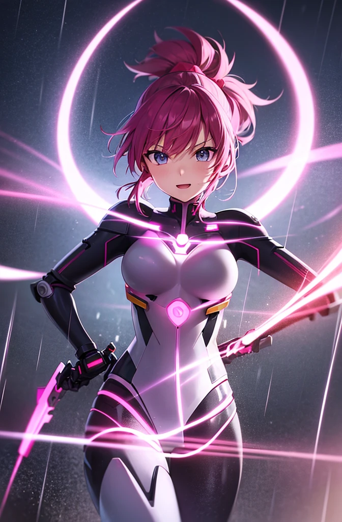 (Cowboy Shot), Saigusa Haruka, Pink Hair, ponytail, Side details, Open Mouth Smile, Evil Face, Expressionless face, anime character in a futuristic suit standing in city, (rain), (city), Bodysuits, neon Bodysuits, Secret spy, Girl wearing mecha cyber armor, Neon Genesis Evangelion Style, (Manga Style), Old Manga, Sci-fi anime, modern mecha anime,