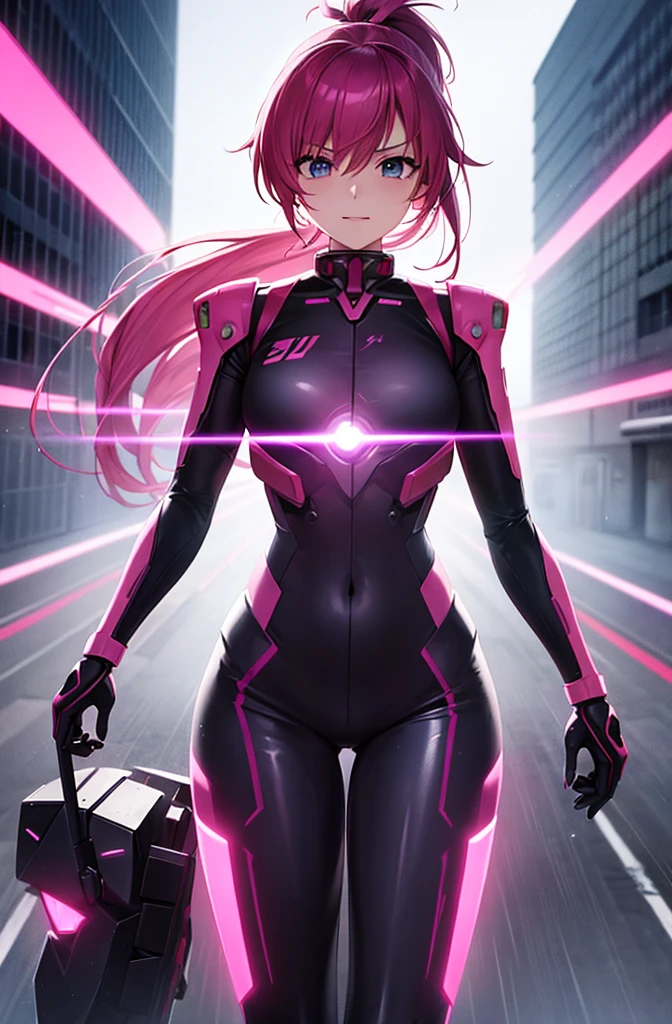 (Cowboy Shot), Saigusa Haruka, Pink Hair, ponytail, Side details, Open Mouth Smile, Evil Face, Expressionless face, anime character in a futuristic suit standing in city, (rain), (city), Bodysuits, neon Bodysuits, Secret spy, Girl wearing mecha cyber armor, Neon Genesis Evangelion Style, (Manga Style), Old Manga, Sci-fi anime, modern mecha anime,