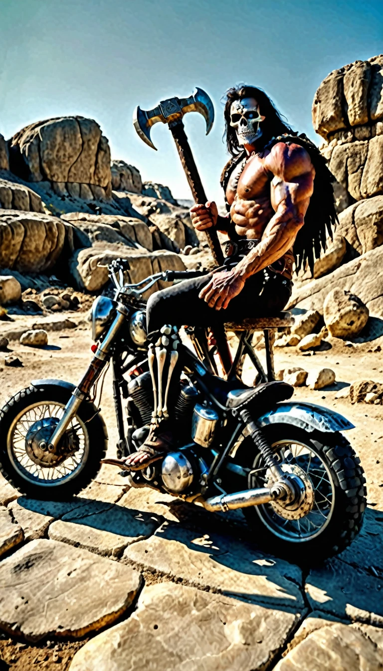 A barbarian man warrior sitting in a big rock in middle desert, in the ground many skeleton, he have a big hammer, and next him a rustic motorcycle, in background many Condor's are in the ground. Perfect design, master ñiece, high texture, high details, Cinema style, hdr, light and shadows.