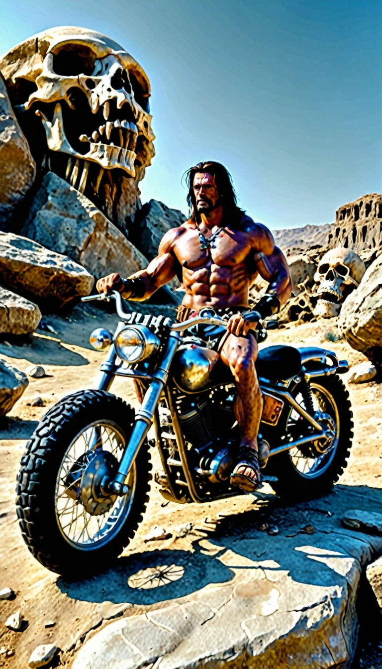 A barbarian man warrior sitting in a big rock in middle desert, in the ground many skeleton, he have a big hammer, and next him a rustic motorcycle, in background many Condor's are in the ground. Perfect design, master ñiece, high texture, high details, Cinema style, hdr, light and shadows.