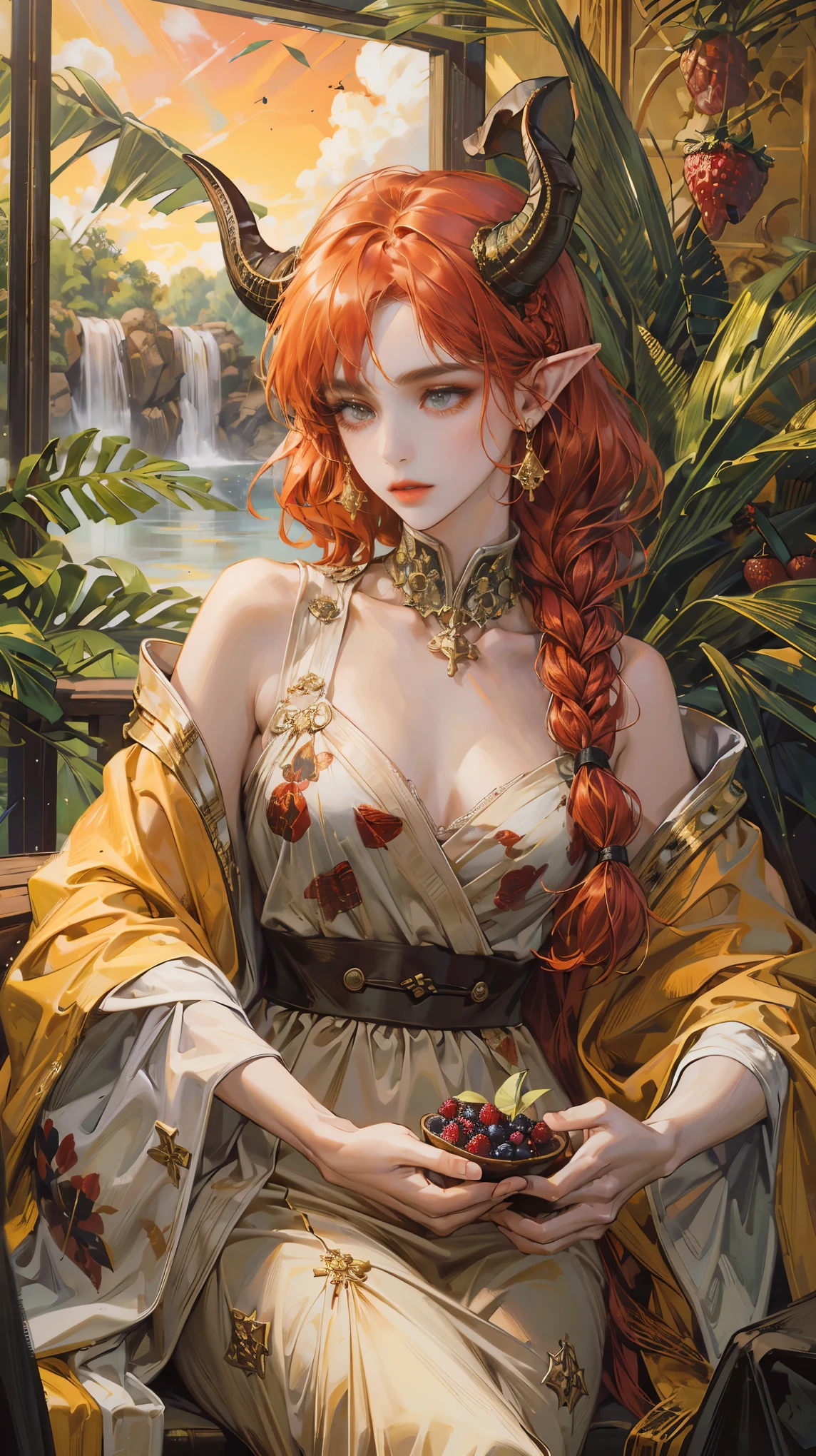 Pine three,river ,man and woman ,forest ,((horns on head,horns)) (Fechin Oil Painting - Fechin Oil Painting , oil painted), 03, elf ears (absurdres, highres, ultra detailed) red hair,(braids hair), photojournalism, documentary photography, visual storytelling, capturing moments, historical records, social commentary, powerful imagery, mosaic art, small pieces, colorful tesserae, intricate patterns, tiled designs, durable surfaces, time-honored techniques,golden eyes,glowing eyes,ineresting pose,big tits,vivid colors ,vibrant colors, tavern, food , sky clouds, sunrise, waterfall,forest , fruits , berriess Acai berries.Blueberries.Blackberries.Goji berries.Elderberries.Cranberries.Raspberries.(Strawberries)