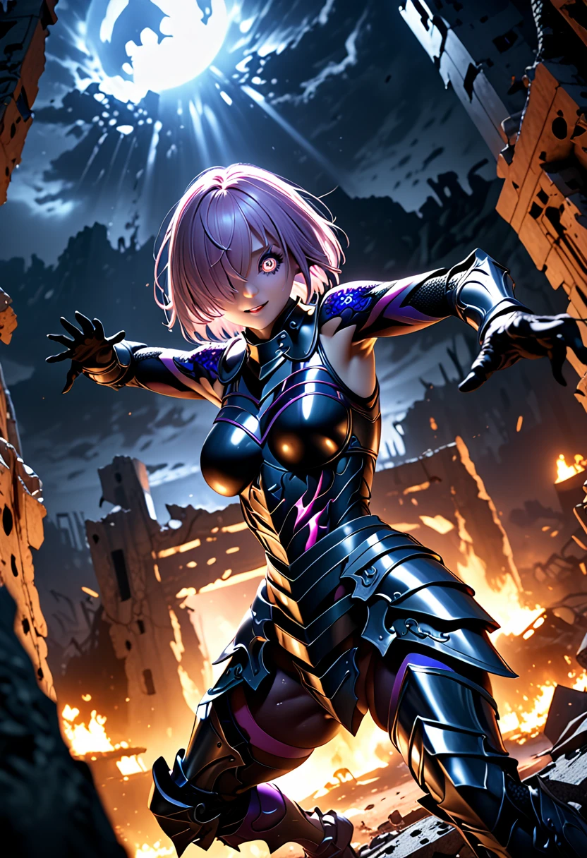 (masterpiece, top quality, best quality, beautiful and aesthetic:1.2), full body, SFW, extremely detailed, detailed face and eyes, cinematic light, depth of field, 1girl, seducing smile, solo, official, (full armored knight:1.4), dark armor, mash kyrielight, light purple hair, short hair, hair over one eye, slim body, cinematic lighting, dramatic lighting, dramatic atmosphere, hyper-realistic, high resolution, stunning contrast, high quality, best quality, 8k, 4k, intricately detailed, (amazing details:1.2), highly detailed skin, powerful presence, vibrant colors, (detailed eyes:1.2), striking eyes, (detailed background), (warzone on background, night, ruins), (dynamic angle:1.2), (dynamic pose:1.2)