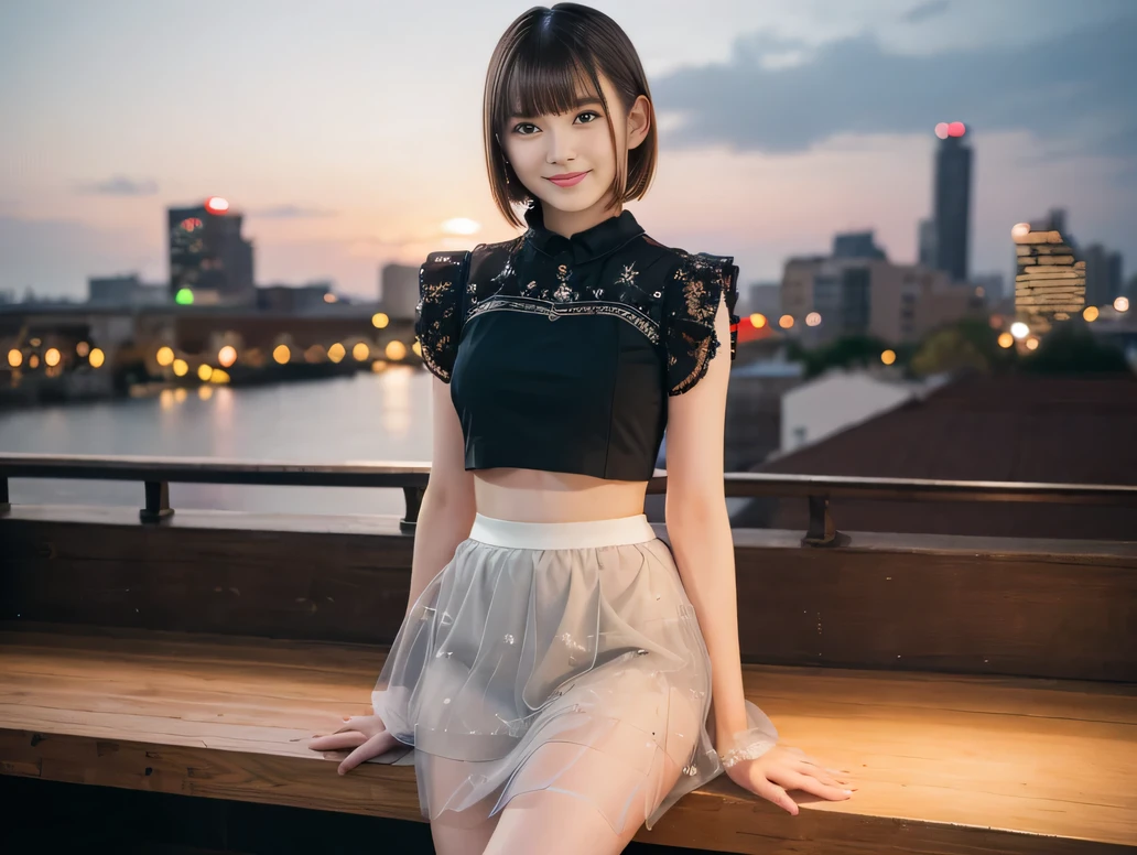 (8K, RAW Photos:1.2), Detailed face and eyes,最high quality, Ultra-high resolution, Very detailed ,Intricate details ,Tabletop ,pretty girl ,Round eyes、 Soft cinematic light, Hyper Detail,Sharp focus, high quality, Brown Hair,((Bobcut))、(Straight bangs)、City of night、Night view、 ((White crop top))、((Black tulle skirt))、”dwarf”、(Full Body Shot)、Waist、(I can see your thighs)、Cowboy Shot、Smile、Floral clothes、Clothes with short sleeves、(Large Breasts)、