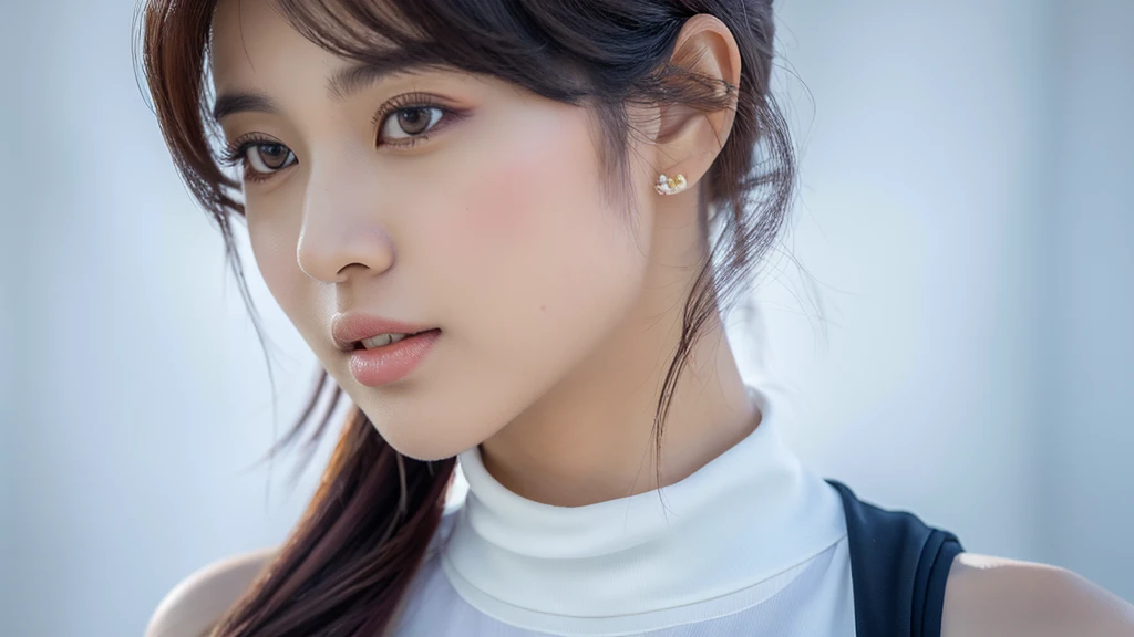 a white cherry blossoms and female,(detailed face),VIVID,pretty,sleeveless and turtle neck white silky clothes,4k ,super high resolution ,(photo-realistic: 1.7), white background,black long hair,