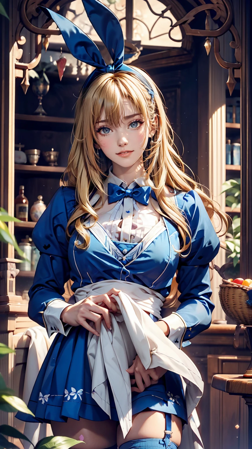 Alice in Wonderland、Wear a blue apron dress、Blonde、long hair、Hair becomes wavy、Put a big ribbon on your head、Chasing a tuxedo-wearing rabbit on two legs、Sexy、Sexy proportions
