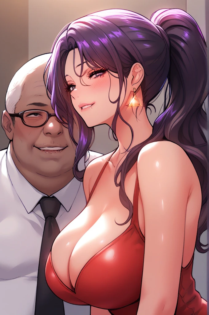 score_9, score_8_up, score_7_up, score_6_up, score_5_up, score_4_up, yu hee hugging with ugly fat old man, violet eyes, violet hair, long hair, large breasts, red short dress, bare shoulders,shiny glowing triangle earrings, ponytail,white business suit, biting lips