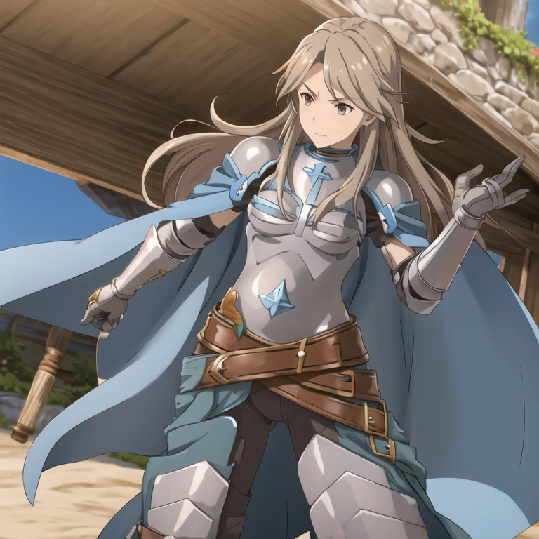 katalina (granblue fantasy), armor, gauntlets, belt, breastplate, shoulder armor, cape, pauldrons, pants, best quality 