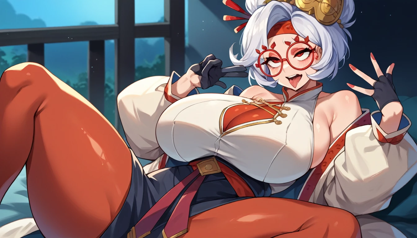 score_9, score_8_up, score_7_up, score_6_up, score_5_up, score_4_up, (source_anime), purah, 1girl, huge breasts, narrow waist, thick thighs, hair ornament, red headband, red glasses, sleeveless shirt, white coat, black skirt, red leggings, gloves, high heels, ahegao,(Open legs:1.5)(((nsfw)))(question mark)(doublePeace)