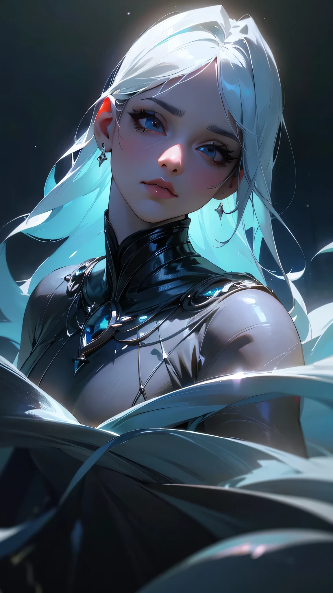 a beautiful night goddess with carbon black eyes, glass-like eyes, translucent skin, dark night, crescent moon, divine atmosphere, (best quality,4k,8k,highres,masterpiece:1.2),ultra-detailed,(realistic,photorealistic,photo-realistic:1.37),detailed eyes, detailed lips, extremely detailed face, long eyelashes, mysterious, ethereal, mesmerizing, dramatic lighting, moody blue tones, dramatic shadows, glowing skin