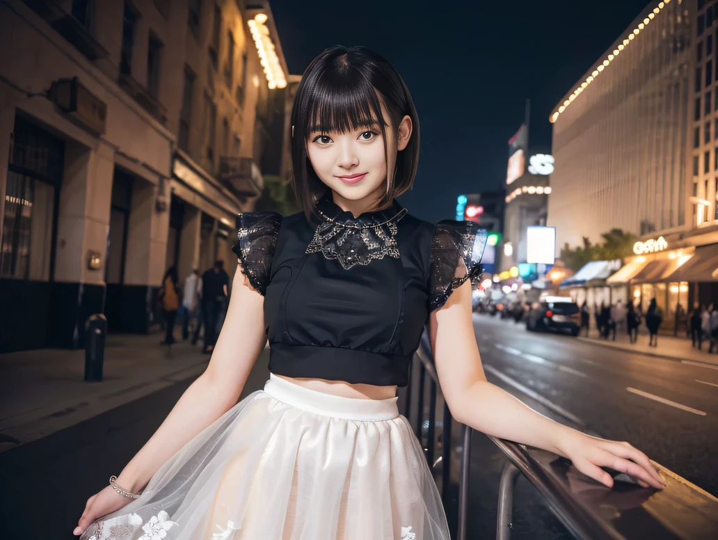 (8K, RAW Photos:1.2), Detailed face and eyes,最high quality, Ultra-high resolution, Very detailed ,Intricate details ,Tabletop ,pretty girl ,Round eyes、 Soft cinematic light, Hyper Detail,Sharp focus, high quality, Brown Hair,((Bobcut))、(Straight bangs)、City of night、Night view、 ((White crop top))、((Black tulle skirt))、”dwarf”、(Full Body Shot)、Waist、(I can see your thighs)、Cowboy Shot、Smile、Floral clothes、Clothes with short sleeves、(Large Breasts)、