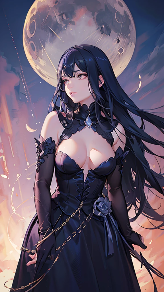 a beautiful night goddess with carbon black eyes, glass-like eyes, translucent skin, dark night, crescent moon, divine atmosphere, (best quality,4k,8k,highres,masterpiece:1.2),ultra-detailed,(realistic,photorealistic,photo-realistic:1.37),detailed eyes, detailed lips, extremely detailed face, long eyelashes, mysterious, ethereal, mesmerizing, dramatic lighting, moody blue tones, dramatic shadows, glowing skin