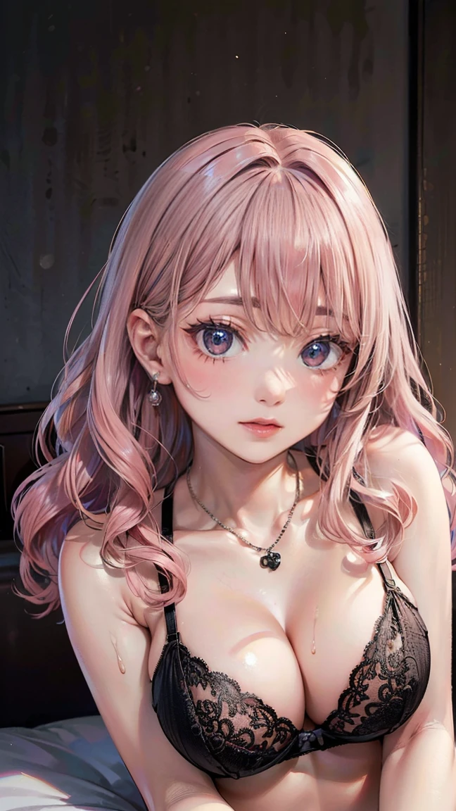 (Masterpiece, BestQuality:1.3), (ultra detailed:1.2), (hyperrealistic:1.3), (RAW photo:1.2), High detail RAW color photo, professional photograph, (Photorealistic:1.4), (realistic:1.4), (Pink Hair:1.5), professional lighting, perfect anatomy, (Big Breasts:1.2), (blush, detailed face), (A happy smile:1.7), Trending Hair&Trending Hairカラーをランダムに, earrings, necklace, bracelet, sexly, erotic sexly, Random sexy gravure poses, (Sexy woman in black lace bra and panties、Dimly lit bedroom、Seductive look、Long wavy hair、Pose lying on bed。:1.3)