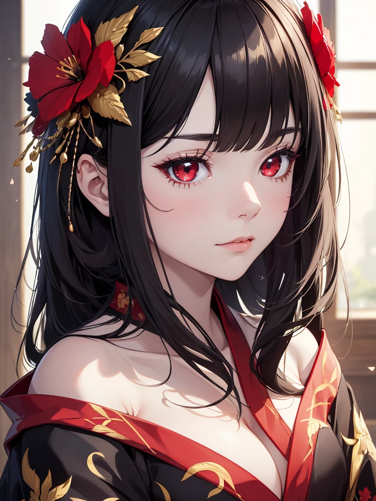 (8K, Best Quality, Masterpiece, Ultra High Resolution) 1 Girl, Woman, Adult Woman, Beautiful Eyes, Face Details, Dark Black Hair, Red Eyes, Pale Skin, Kimono, Red Kimono with White Flower Pattern, Gold Details, Dark Castle, Royalty, Queen, Best Quality, Upper Body, Looking at the Viewer, Facing Viewer, Close Up