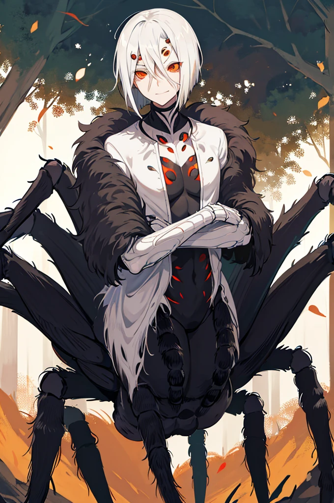 (arachne:1.3), arthropod limbs, 1boy, (adult male:1.2), bust, (solo), grey hair, short hair, hair between eyes, fair skin,white, morbid, solo, orange eyes, forest background