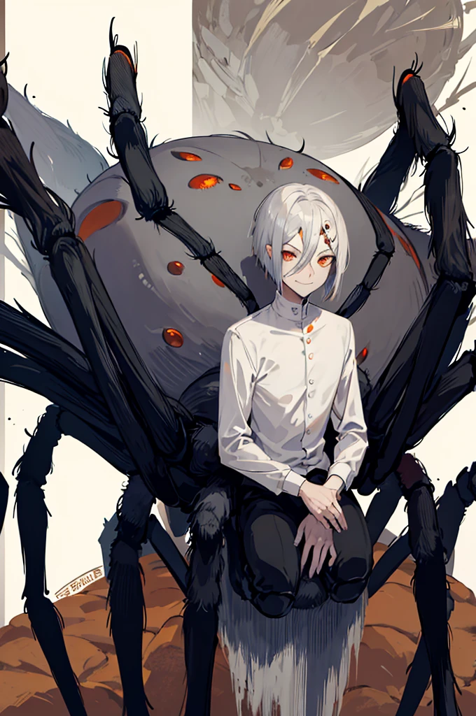 (arachne:1.3), arthropod limbs, 1man, (adult male:1.2), bust, (solo), grey hair, short hair, hair between eyes, fair skin,white, morbid, smirk, solo, orange eyes, forest background