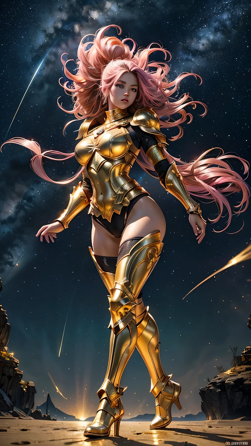 ((best quality)), ((masterpiece)), (ultra detailed lights), ((full body shot)), ((skinny body)), indonesian girl, extremely beautiful, ((slim body)), thighs gap, ultra face details, 20 years old, ((pink curvy-hair)), ((hair blown by strong winds :1.3)), Award-winning photograph, ((symmetrical pose)), teen goddess in ((full body golden black armor)) are in the middle of battlefield, posing in the middle, intricate details, ((thight golden armour)), ((extremely details armor)), ((tight latex panties)), ((24k-gold armor)), ((edge luminous armor)), cameltoe, luminescent, epic lights reflections, at beach, full of stars, orange clouds, nebula sky, epic aurora borealis in the background, shooting stars, ((from below))