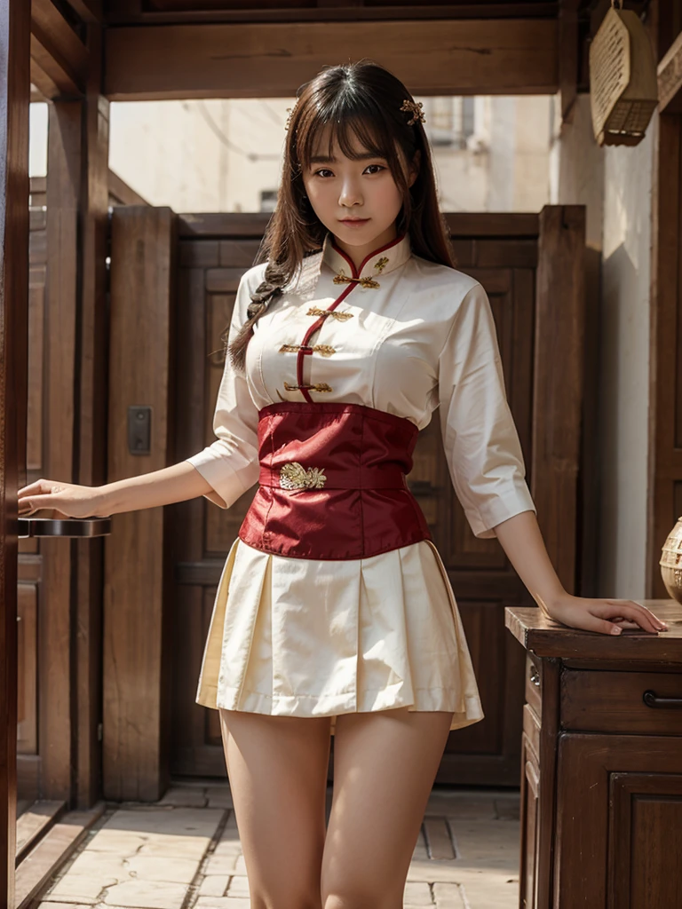 A chinese girl with ancient dress lift skirt showing panties
