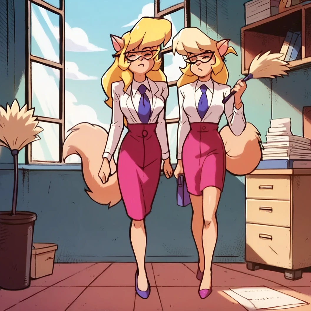 2girls, clones, Callie Briggs, detailed, detailed fur, white bras, legs, purple heels, blonde hair, eyes closed, office, glasses, bottomless, thicc thighs, private, white panties, standing, feather duster, dusting shelf, dust clouds, sneezing, front view