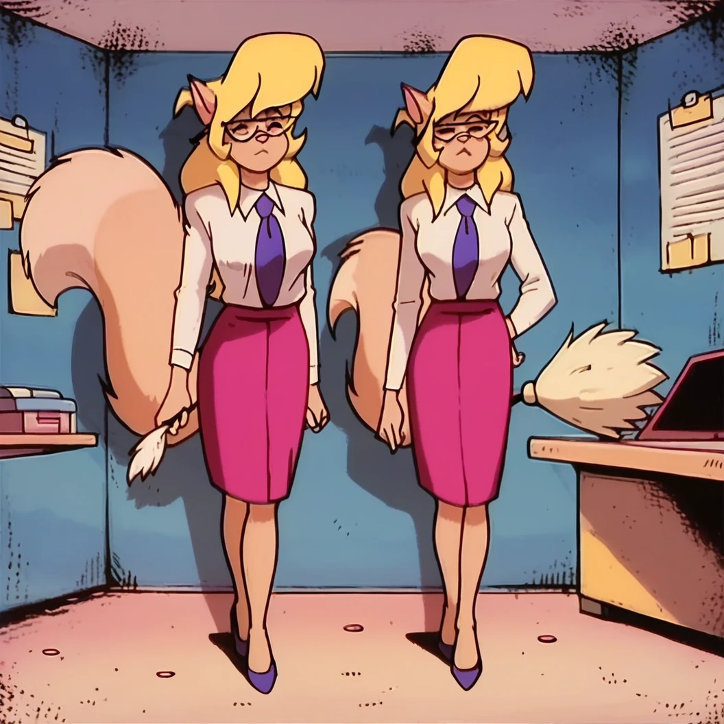 2girls, clones, Callie Briggs, detailed, detailed fur, white bras, legs, purple heels, blonde hair, eyes closed, office, glasses, private, white panties, standing, feather duster, dusting shelf, dust clouds, sneezing, dust allergy, front view, main Callie dusting clone, skirts off