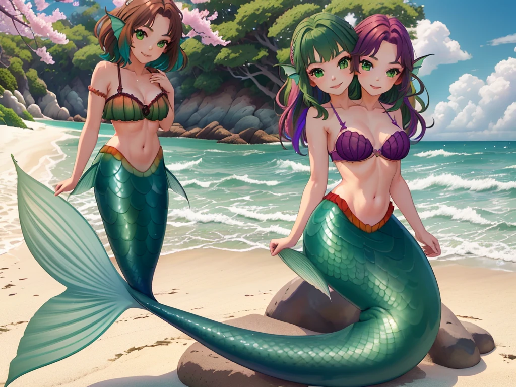 masterpiece, best quality:1.2), 1girl, smile, looking at viewer, green eyes, short brown hair, short green hair, mermaid, mermaid girl, wearing purple seashell bra, laying on beach across the sand, multicolored mermaid tail, outdoors, head fins, fin ears, under cherry blossoms, conjoined, (two heads: 1.5),