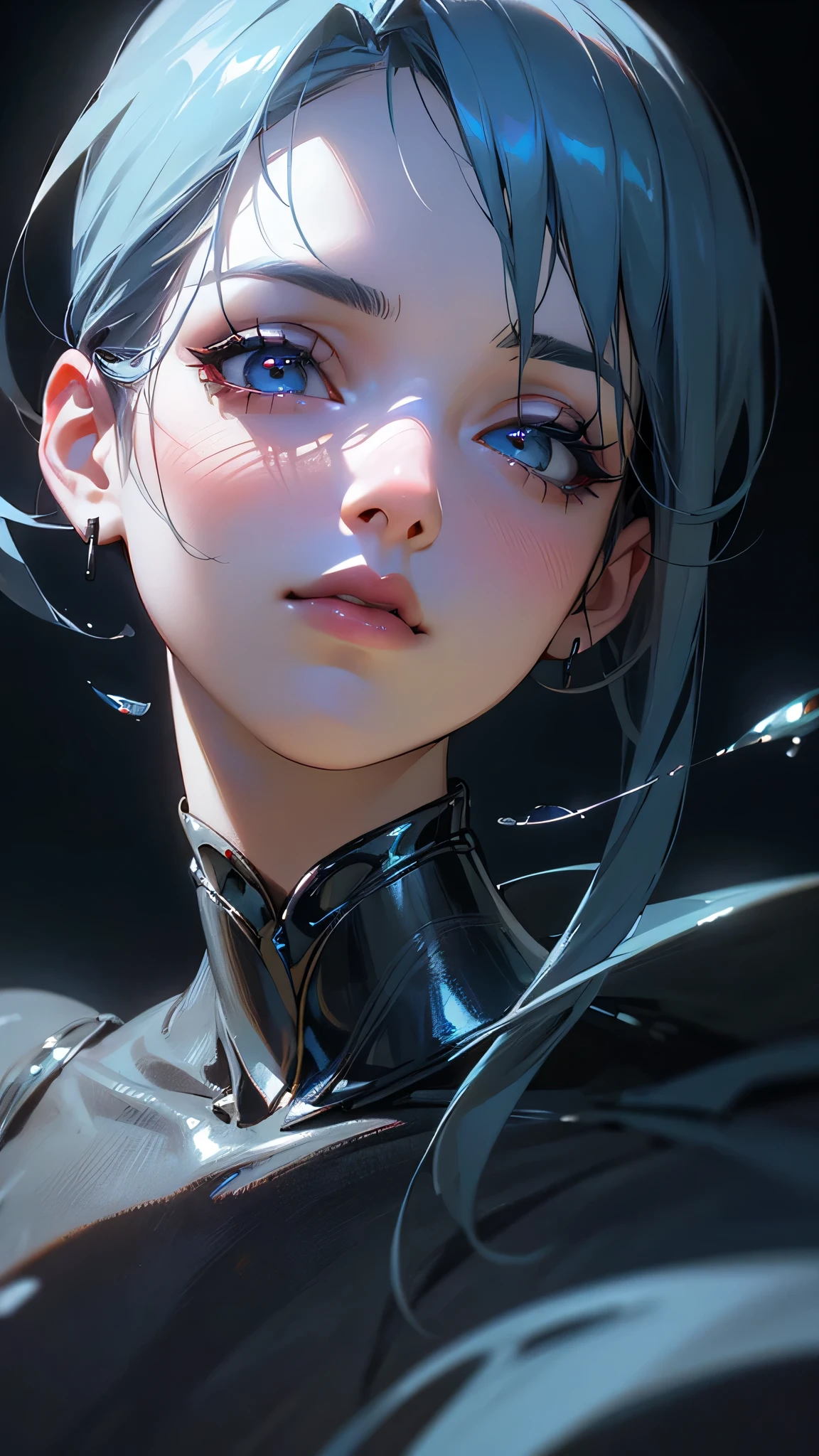 a beautiful night goddess with carbon black eyes, glass-like eyes, translucent skin, dark night, crescent moon, divine atmosphere, (best quality,4k,8k,highres,masterpiece:1.2),ultra-detailed,(realistic,photorealistic,photo-realistic:1.37),detailed eyes, detailed lips, extremely detailed face, long eyelashes, mysterious, ethereal, mesmerizing, dramatic lighting, moody blue tones, dramatic shadows, glowing skin