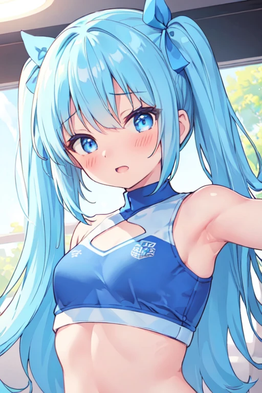 (best quality, masterpiece:1.2), ultra detailed, extremely detailed eyes and face, natural skin texture, detailed skin, natural lighting,
 chibi, 1 girl, 14-years-old, (cute),
 twin tails, light blue hair, shiny hair,
 (small breasts), 
 BREAK cheerleader, white and blue crop top, white and blue sleeveless shirt, midriff blue miniskirt, blue pleated skirt,
 BREAK (orgasm face, closed eyes, aroused, open mouth, gasp, blush cheeks, saliva trail:1.2),
 BREAK (vaginal penis:1.2), (a man), hetero, (girl sit astride on man), (girl on top), (girl spread legs), (intense Sex:1.7), (cum out:1.2),
 bedroom, bed, from below,